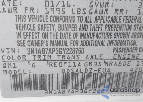 2016 Nissan Sentra Fe+ S/S/Sl/Sr/Sv from USA, damaged, VIN 3N1AB7AP3GY228760